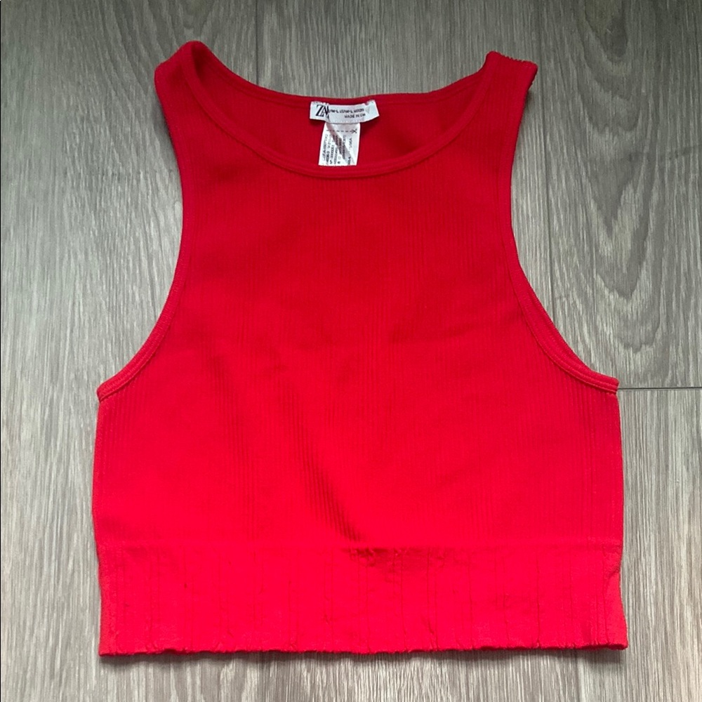 Zara Red Fitted Sleeveless Crop Tank Top